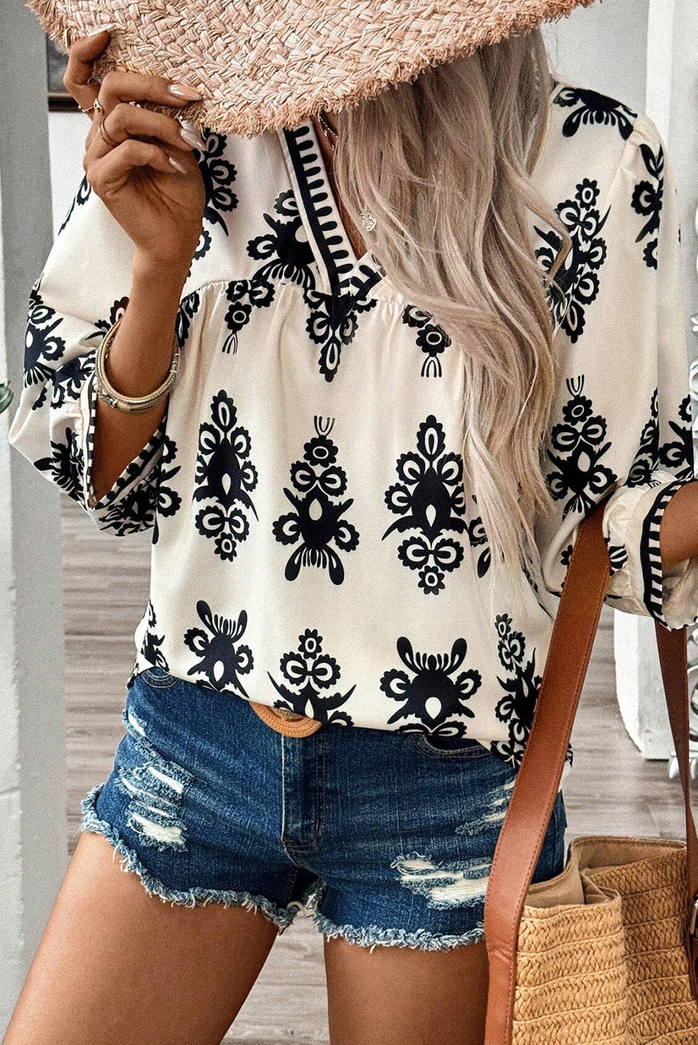 Geometric Printed 3/4 Sleeve Blouse