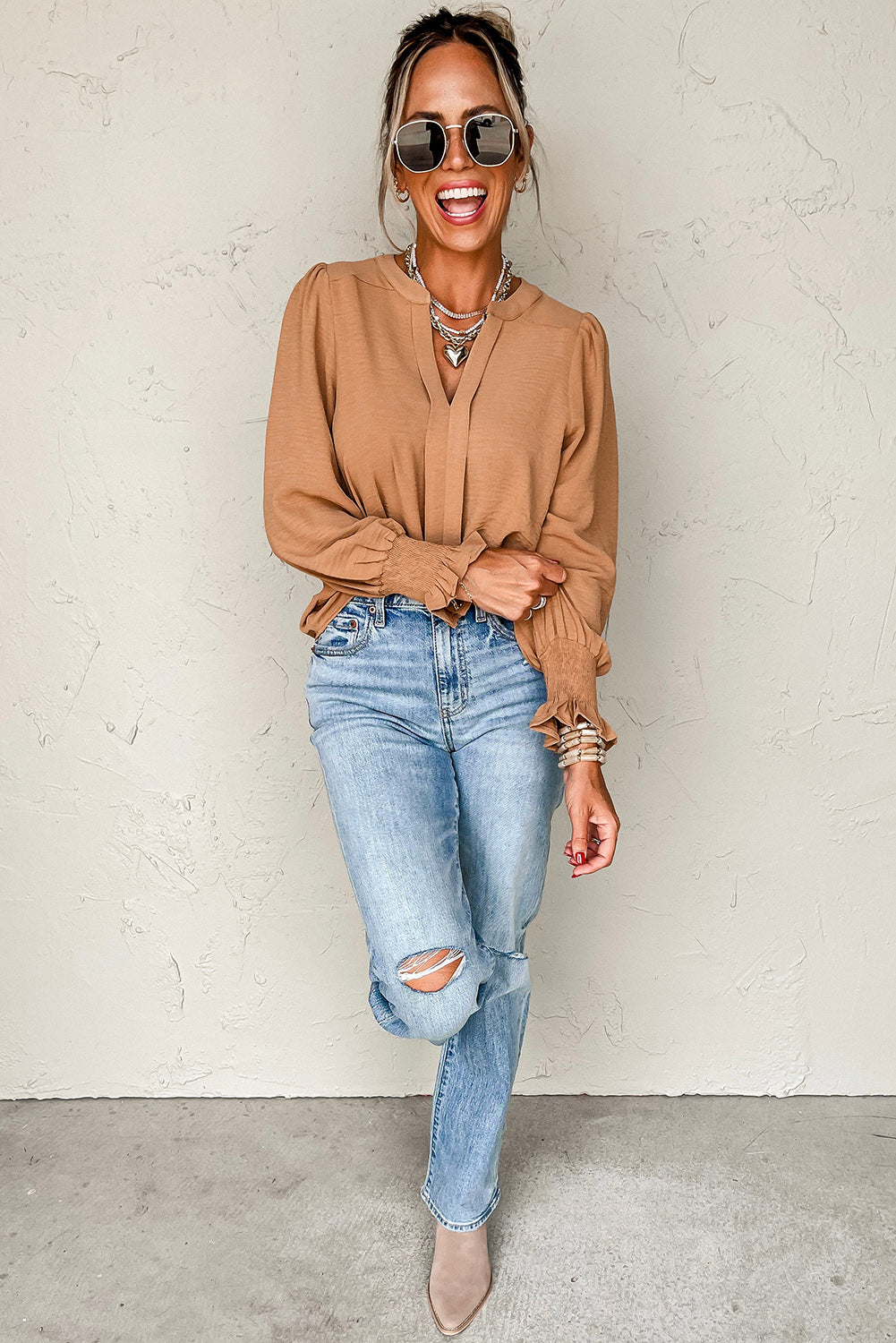 Straw-Yellow Shirred Cuff Blouse