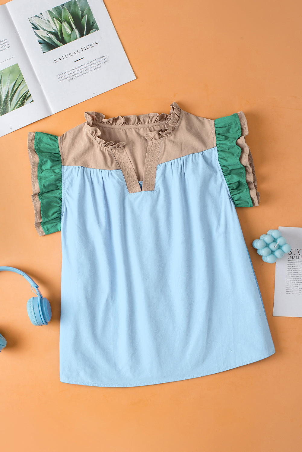 Colorblock Ruffled Sleeve Blouse