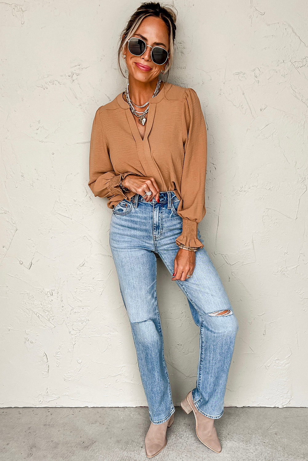 Straw-Yellow Shirred Cuff Blouse